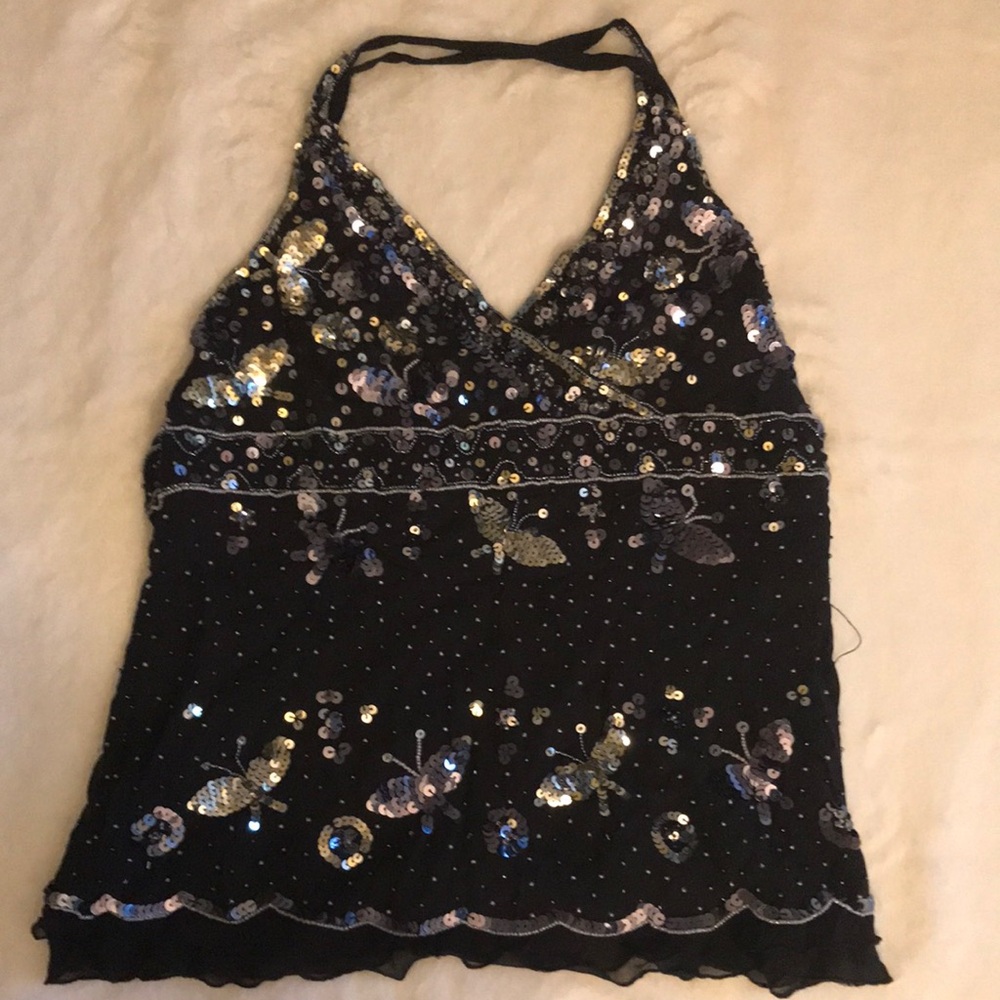 Bebe Sequin Halter Top - Black and Silver